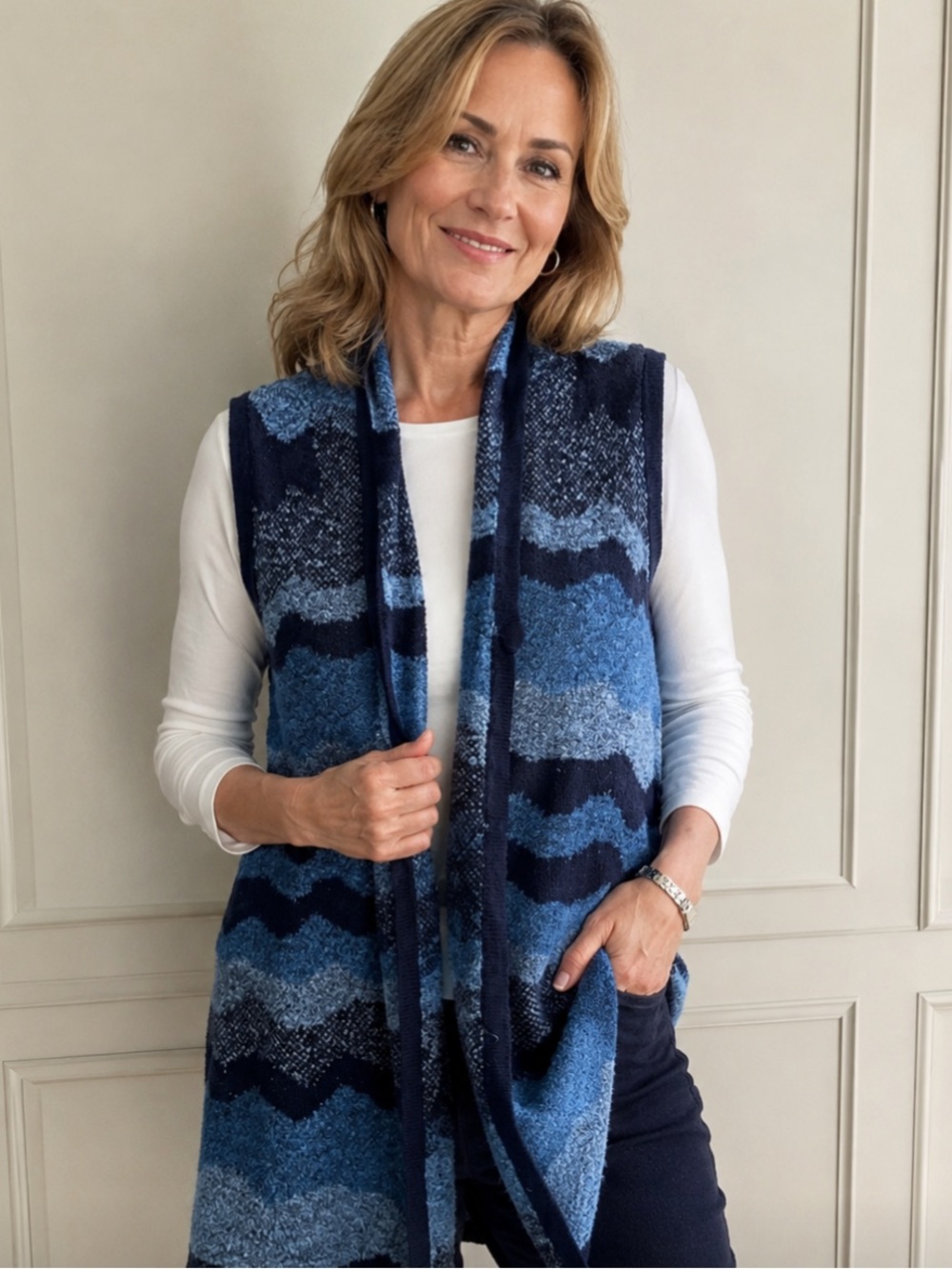 Alia Blue Stripe Patterned Knit Cardigan Vest